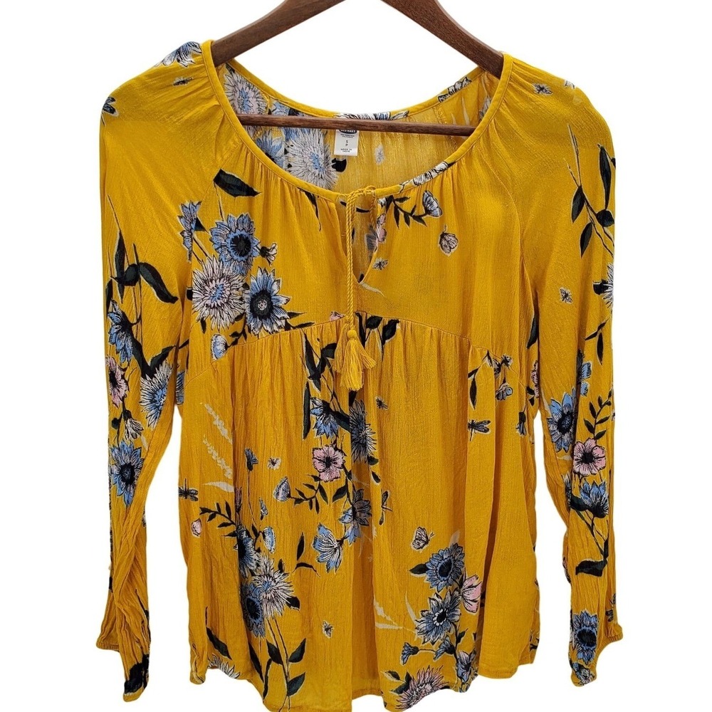 Old Navy Womens Floral Keyhole Neck Blouse Top Size S Long Sleeve Yellow Blue